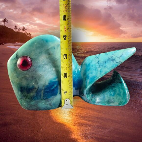 MCM Style Blue Stone Fish Figurine Chrysocolla Look Red Eyes Unique Decor Rare - Picture 11 of 12